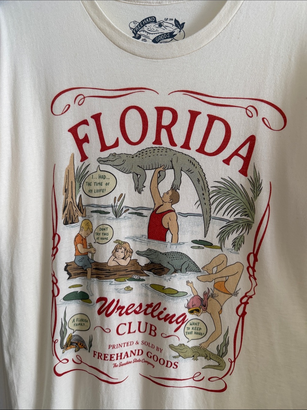 Freehand Goods Florida Alligator Wrestling Graphic Tee - Cream - size Large